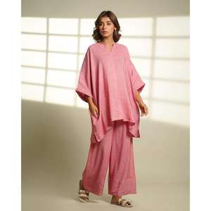 Ensemble coordonné rose pour femme, style gothique, imprimé floral, kaftan oversize, pantalon large, tricoté, décontracté, pour la détente - Product Image 1