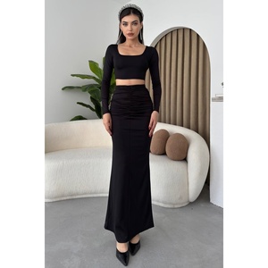 U-Neck Crop Blouse and <b>High</b>-<b>Waisted</b> Maxi <b>Skirt</b> Two-Piece Set - Product Image 1