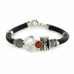<b>Men's</b> & Women's Silver Oxidized Trishul Damroo Rudraksha <b>Beaded</b> Cuff <b>Bracelet</b> with Adjustable Closure - Product Image 1
