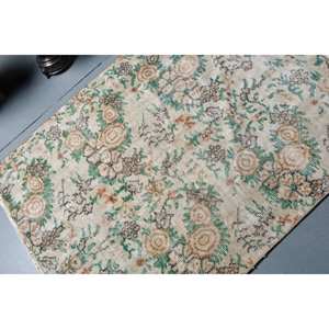 Tapis turc vintage 3.2x4 pieds en laine beige vert fait main grande surface avec motif patchwork pour chambre d'ado couloir latex soutenu - Product Image 5