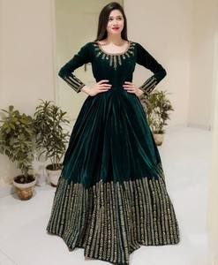 Emerald Green Velvet Anarkali Gown with Heavy Golden Embroidery Designer Party Wear Velvet Long Flared Gown for Women - Product Image 1