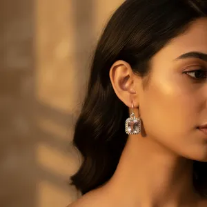 Boucles d'oreilles pendantes en argent 925 plaqué or 18 carats avec quartz rose pour femmes, bijoux de mariage avec perle et diamant, boucles d'oreilles pendantes plaquées or - Product Image 2