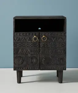 MANGALAM ART EXPORT European Carved Mango Wood Nightstand with Storage Handmade Durable Apartment Bedroom Furniture 2 <b>Drawers</b> - Product Image 3