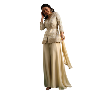 Ensemble Kurta Palazzo en tissu beige avec paillettes et Resham Work Vente en gros Vêtements ethniques pour femmes OEM Vêtements Fournisseur d'usine Tenue - Product Image 2