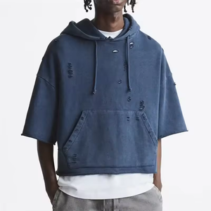 เสื้อฮู้ดแบบสวมหัวแขนสั้นมีฮู้ดขอบดิบแบบวินเทจเสื้อฮู้ดกล่องปรับแต่งโลโก้ได้ - Product Image 1