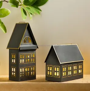 Top Sell New Style Christmas Lantern House Shape Candle Holders Metal Lantern Set