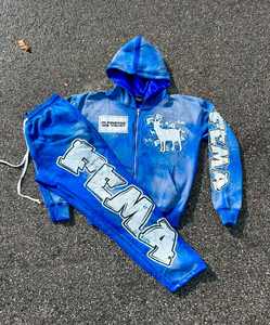 100% coton personnalisé 2 pièces Jogging survêtement ensemble lavage à l'acide pantalons de survêtement empilés en détresse unisexe strass survêtement - Product Image 1