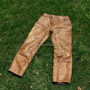 Pantalon de charpentier pour homme en cuir de vachette pleine fleur, style western vintage, avec couleurs vieillies, coupe ample, double genou renforcé et grammage lourd - Product Image 2