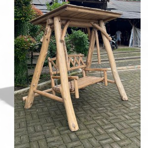 Tropical Unique Double <b>Seat</b> Patio Swing Durable Teak Wood Log Outdoor Swings Bench Roof Cover Canopy Overhead Wooden Porch Swing - Product Image 6