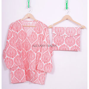 Indian Handmade Floral Printed Cotton Pajama Sets Comfortable Soft <b>Lounging</b> Everyday Wear Summer Elastic Waist Front Waist - Product Image 1