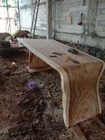 Table à manger moderne en bois massif de Suar avec bord naturel, pieds en L ou en U, plateau épais et long, idéale pour la maison, le bar, la chambre, l'entrée ou l'atelier