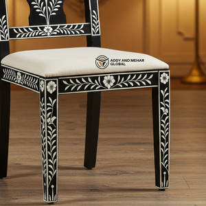Chaise de salle à manger florale en incrustation d'os noir et blanc, artisanale, luxe, meubles sculptés à la main, chaise d'appoint en bois pour le salon - Product Image 4