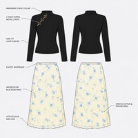 Ensemble deux pièces OEM pour femme : Blouse à carreaux avec col en V et jupe midi en maille à volants et peplum, personnalisable avec logo