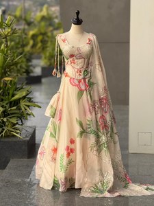 Conjunto de Sari Indio-Pakistaní con Estampado Floral Digital, Vestido Largo de Organza Jimmy Pura para Mujer, con Chal, para Fiestas, Bodas y Graduaciones - Product Image 3