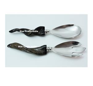 Ustensiles à salade en corne de haute qualité, faits à la main, écologiques, compatibles lave-vaisselle, design moderne pour les fêtes, en provenance d'Inde - Product Image 4