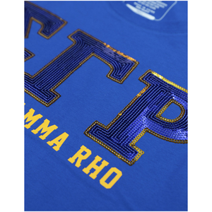 100 coton Sigma Gamma Rho sororité bleu royal Sequin Patch Tee or brodé lettres grecques vie grecque vêtements SGRho T-Shirt - Product Image 3