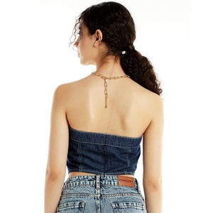 เสื้อเชิ้ตผ้ายีนส์แบบไม่มีสายรัดสำหรับผู้หญิงเสื้อคอตตอนผ้ายืดเซ็กซี่ทรงตรงกระดุมผ่าหน้าสำหรับฤดูร้อน - Product Image 3