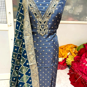 100% Silk Designer Suits Indian Pakistani Ladies Hand Embroidered <strong>Unstitched</strong> Salwar Good Quality <strong>Fabric</strong> Fancy Model Printed Work - Product Image 1