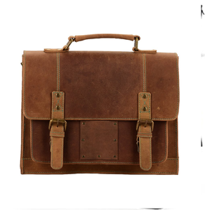 Light Brown Leather Satchel Briefcase with Adjustable Shoulder Strap and Two Front Buckles, Available at wholesale prices. - Product Image 4