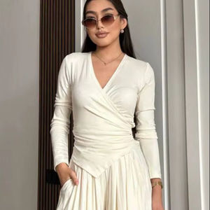 ชุดเดรสคอวีหรูหราพร้อมชุดคอ100% สั้นผ้าฝ้ายถักแฟชั่นผ้าย้อมสีพื้นย้อมสีเรียบง่ายสวมใส่สบาย - Product Image 1