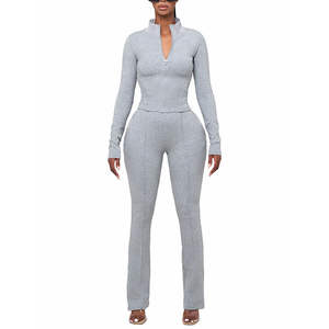 เสื้อวอร์มผ้าฟลีซแบบมีสไตล์สำหรับผู้หญิงชุดออกกำลังกายแบบ2ชิ้นเสื้อครอปแบบรูดซิปทรงเข้ารูปและกางเกงพลุกว้างขายส่ง - Product Image 2