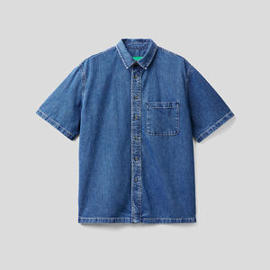 เสื้อเชิ้ตผ้าแฟลนเนล ผ้าฝ้ายใยไผ่ ยืดหยุ่น สีน้ำเงิน ดำ ขาว ผ้าเดนิม เสื้อลำลองผู้ชาย แห้งเร็ว ระบายอากาศได้ดี แขนสั้น - Product Image 5