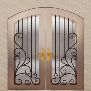 Puertas de hierro de doble entrada con diseño de gran arco y emblema central producido en Vietnam para villas y fincas de lujo - Product Image 1