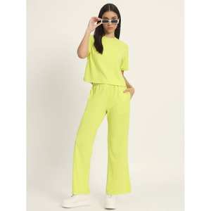 <b>Women's</b> 2025 Vacation Trending Casual <b>Neon</b>-Coloured 100% Cotton Two-Piece Coord Set Solid Pattern Western Style Pant T-<b>Shirt</b> - Product Image 1