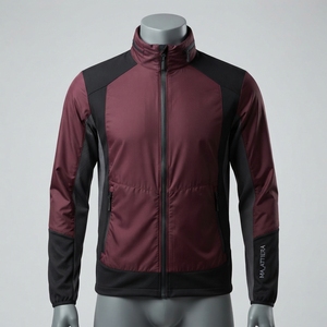 Chaqueta Cortavientos con Capucha para Hombre, Color Borgoña y Negro, con Cierre Completo, Bloques de Color, para Deportes al Aire Libre, con Bolsillos con Cierre - Product Image 4