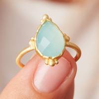 Bague de fiançailles classique en argent sterling 925 massif et or 18 carats, sertie d'une véritable chalcédoine aqua taillée en poire à facettes