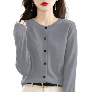 Cardigan simple en maille extensible pour femme, mélange Spandex/Polyester, col rond, boutonné, manches longues, veste courte, taille XL - Product Image 1