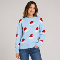 Pull de Noël pour femme, motif jacquard chapeau de Père Noël, tricot festif bleu clair, conception personnalisée OEM