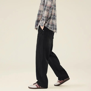 Jean en denim noir taille haute coupe droite délavé pour homme, style décontracté, coupe régulière, tissu coton automne - Product Image 3