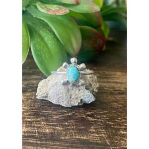 Zuni Handmade Fine Jewelry Dainty Hip-Hop <b>Turquoise</b> Gemstone <b>Ring</b> with Sterling Silver Turtle Inlay Size 5.75 Everyday Wear - Product Image 1