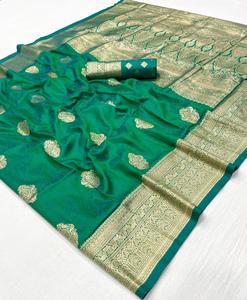 Saree en soie tissée à la main bicolore avec chemisier en brocart en mousseline de soie extensible pour toutes les occasions - Product Image 5
