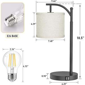 Touch Control lampada da tavolo dimmerabile 3 livello luminosità 90 gradi verticale 180 USB lampada da comodino E26 Base in metallo paralume per camera da letto - Product Image 1