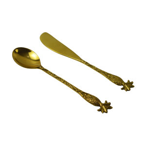 <b>Long</b> Handle Flatware Set Royal Cutlery Set Golden Brass Ribbed Handle With Pineapple Ended Design Spoon and <b>Knife</b> Cutlery Set - Product Image 1