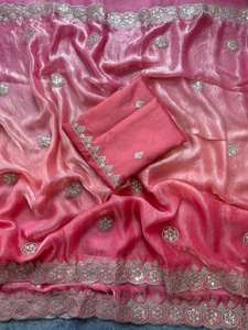 Saree en soie de mousseline de soie pure indienne de Style Bollywood avec une belle séquence de travail et chemisier pièce belle tenue de mariage Saree - Product Image 3