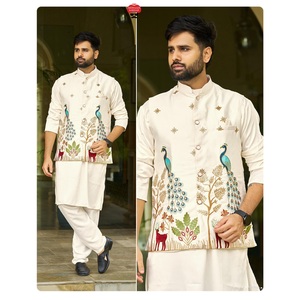 ผ้าซาตินมาเลย์สำหรับผู้ชาย Koti Kurta พร้อมกางเกงปักลายสำหรับใส่ในชีวิตประจำวันงานอีเวนท์แบบดั้งเดิมและฟังก์ชั่นแสง - Product Image 6