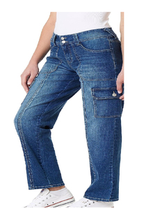 Mujer Casual Otoño Cintura alta Denim cargo Jean Pantalones Mujer Moda Tallas grandes Campana Bottom Jeans Pantalones cargo de algodón personalizado hecho - Product Image 6