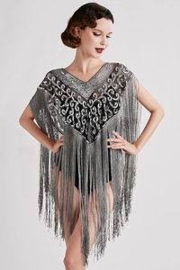 Belle élégante cape droite burlesque perles brins perlés paillettes attache cou tenue au sol pour club festif - Product Image 6