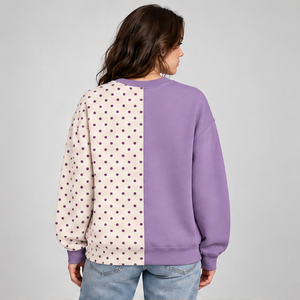 Sweat-shirt à col rond pour femme, à pois, bicolore lilas et ivoire, manches longues, style universitaire, Trackstar OEM Private Label - Product Image 2