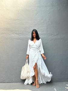 เดรสยาวถักไหมพรมสไตล์โบฮีเมียน ทำมือ เป็นมิตรกับสิ่งแวดล้อม สีขาว ทรงเอวธรรมชาติ ผ้าพลิ้วไหว สไตล์ชายหาด ชายระบาย แขนยาว - Product Image 5