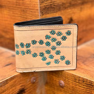 Nouvelle tendance en cuir repoussé à la main hommes portefeuilles longue fermeture éclair Turquoise portefeuilles porte-carte de crédit en cuir véritable vache garçon portefeuilles - Product Image 2