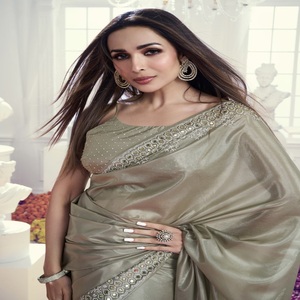 <b>Indian</b> Trendy Silk <b>Fabric</b> Sari Designer Ethnic Beautiful Seroski Diamonds and Mirror Hand Work Printed Bridal Exclusive Saree - Product Image 1