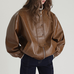 Veste en cuir vintage rétro pour femmes, veste bomber en cuir de vache véritable - Product Image 2