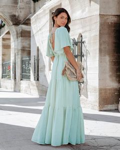 Alta Calidad recién llegados bohemio largo elegante cuello en V vacaciones media manga con escalonado verano Casual señoras Maxi vestido - Product Image 3