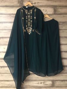 Bottiglia verde 100% velluto di seta DABKA <span class=keywords><strong>oro</strong></span> lavoro ricamo floreale manica lunga a trapezio Kurta Sarara abito per festa di nozze - Product Image 2