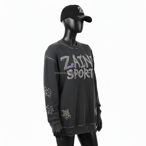 Sweat-shirt pour femme Coton Polaire Vintage Noir Style vieilli Logo personnalisé Strass Transfert de chaleur Sweatshirts respirants pour femme - Product Image 5