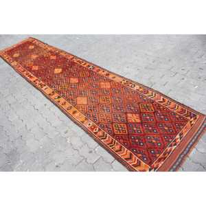 2.9x13.5 ft Turkish Vintage Patchwork Rug Eco-Friendly Herki <b>Brown</b> <b>Wool</b> Runner Rug with Latex Backing - Product Image 1